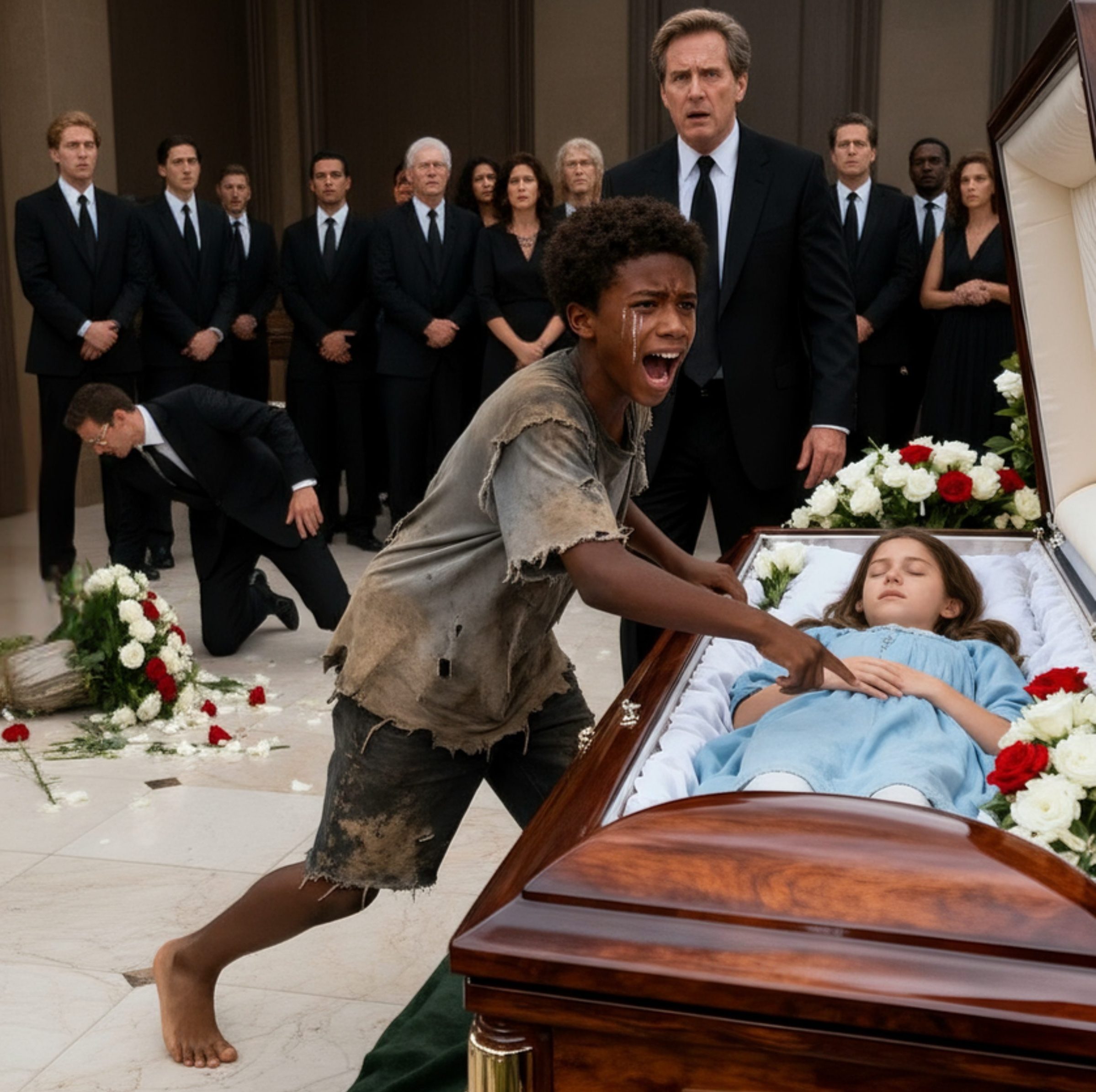 Homeless Boy Ran Into the Funeral and Screamed, “Stop! Don’t Close It! She’s Still Alive!” — Moments Later, the Impossible Happened